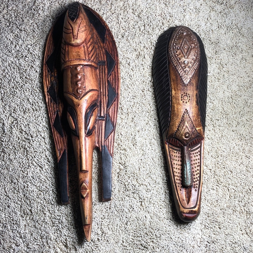 Vintage/Antique -Hand Carved Wooden Tribal Masks- Brown, Black, & Copper